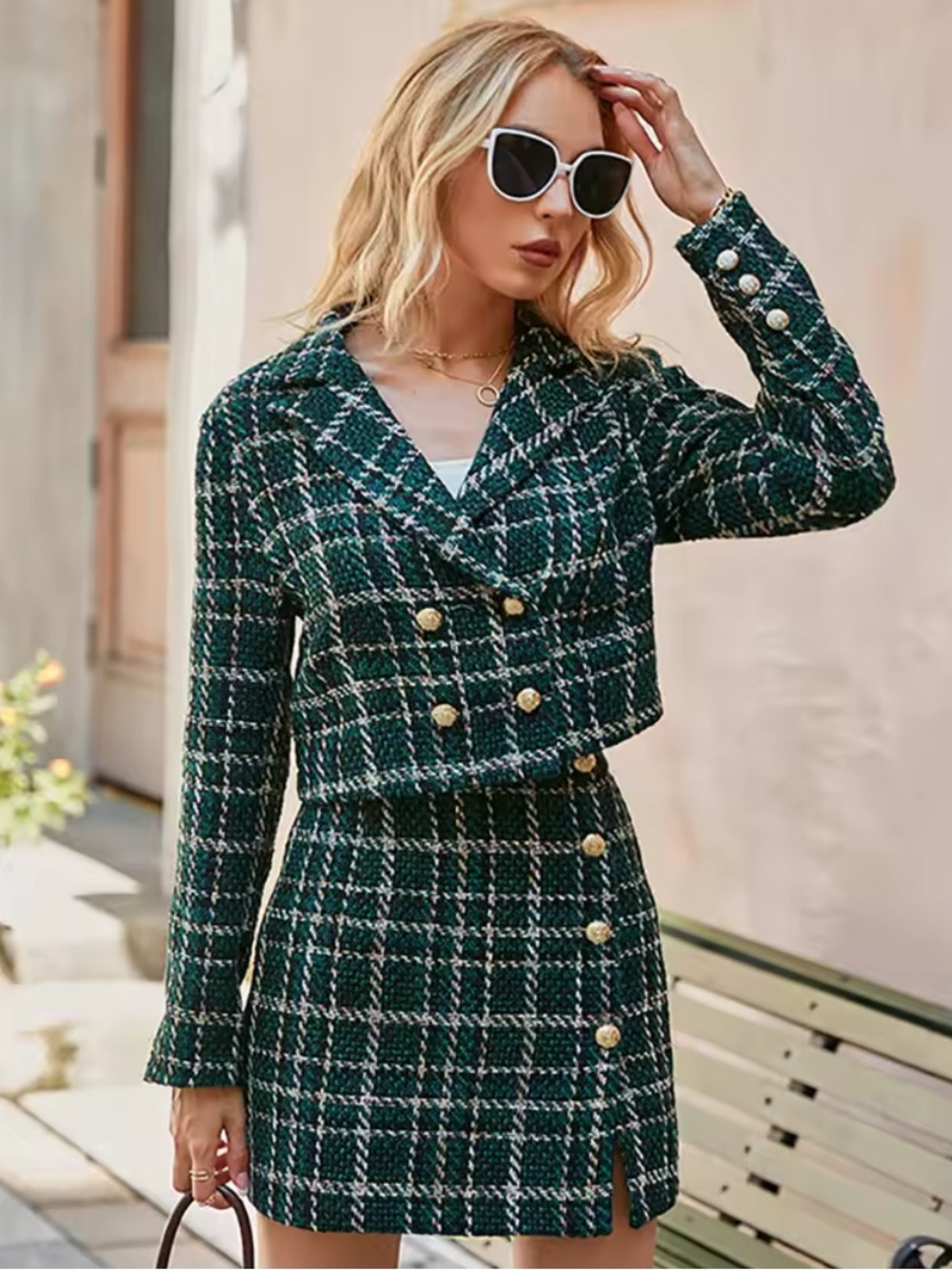REVOLVE Green Plaid Tweed Midi Skirt